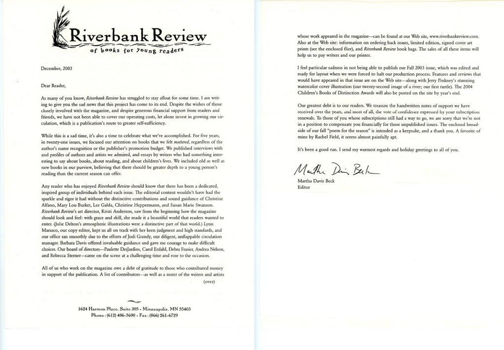 Riverbank Review final letter to readers