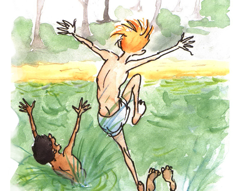 Riverbank Review boys jumping in water watercolor illustration