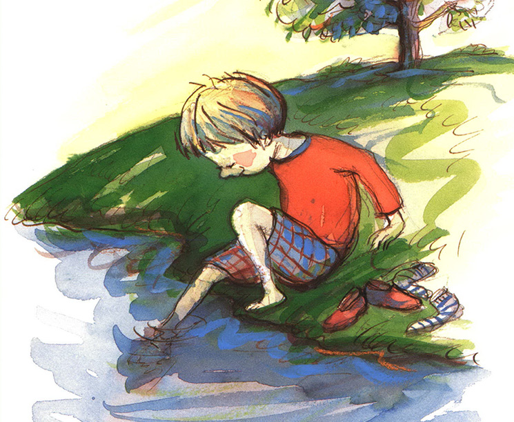 Riverbank Review boy dipping toes in water watercolor illustration