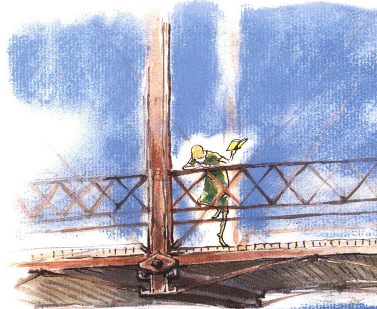 Riverbank Review watercolor illustration of person with book on bridge